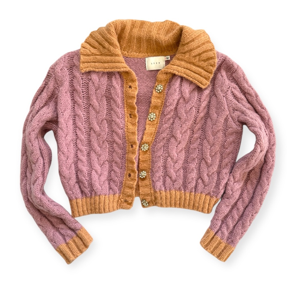 Lush Pink Orange Contrast Trim Cable Knit Cropped Cardigan Small Fairy Indie Fun - Picture 4 of 6